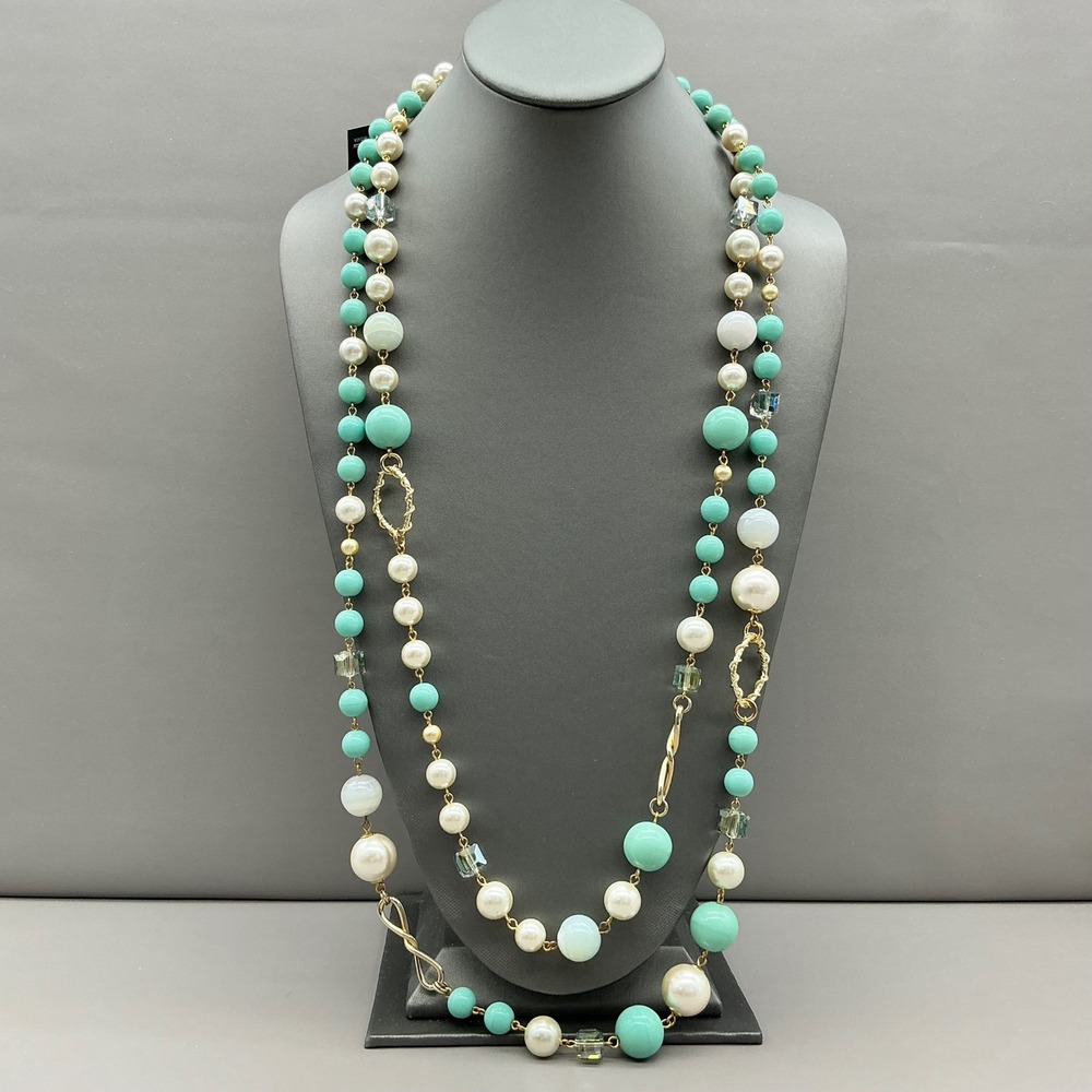 L'Officiel Necklace NWT Faux Pearl Turquoise Crystal Double Strand Italy 28"